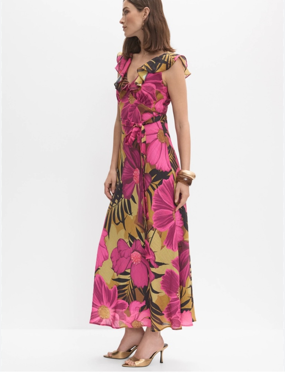 Tropical Ruffle V-Neck Maxi Dress in Pink & Gold